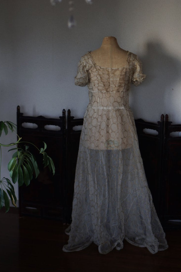 1920’s White×Gold Embroidered Net Maxi Dress