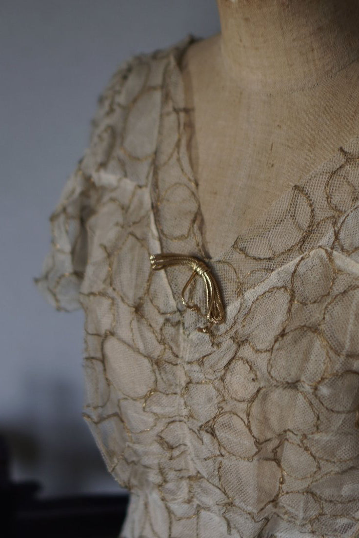 1920’s White×Gold Embroidered Net Maxi Dress