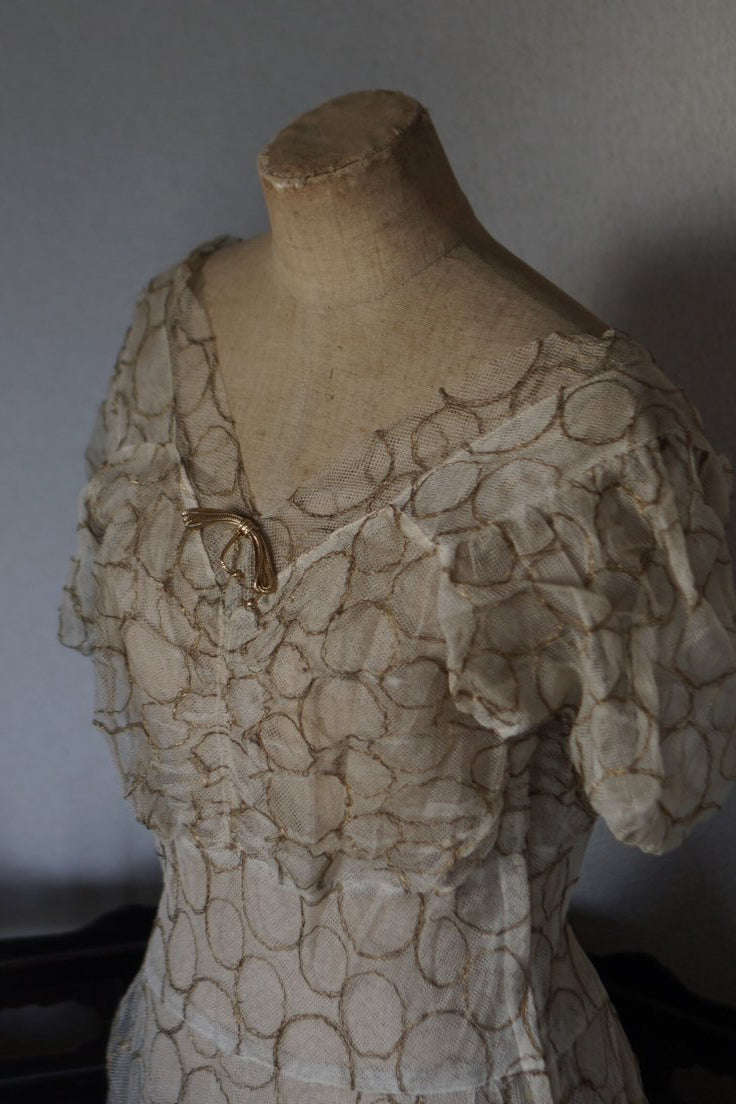 1920’s White×Gold Embroidered Net Maxi Dress